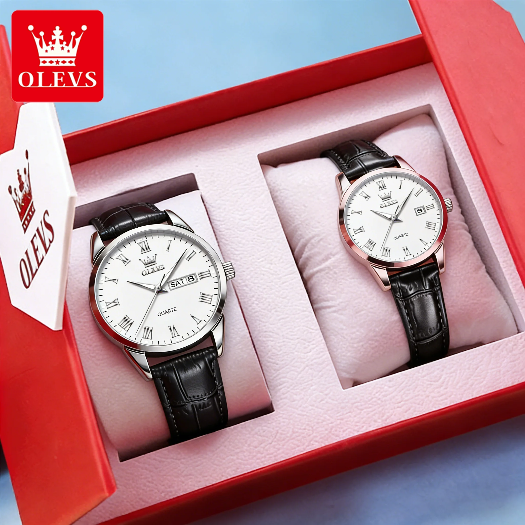 olevs-カップル腕時計レザーストラップシンプルなファッションオリジナルブランドクォーツ腕時計防水夜光日付男性と女性の腕時計