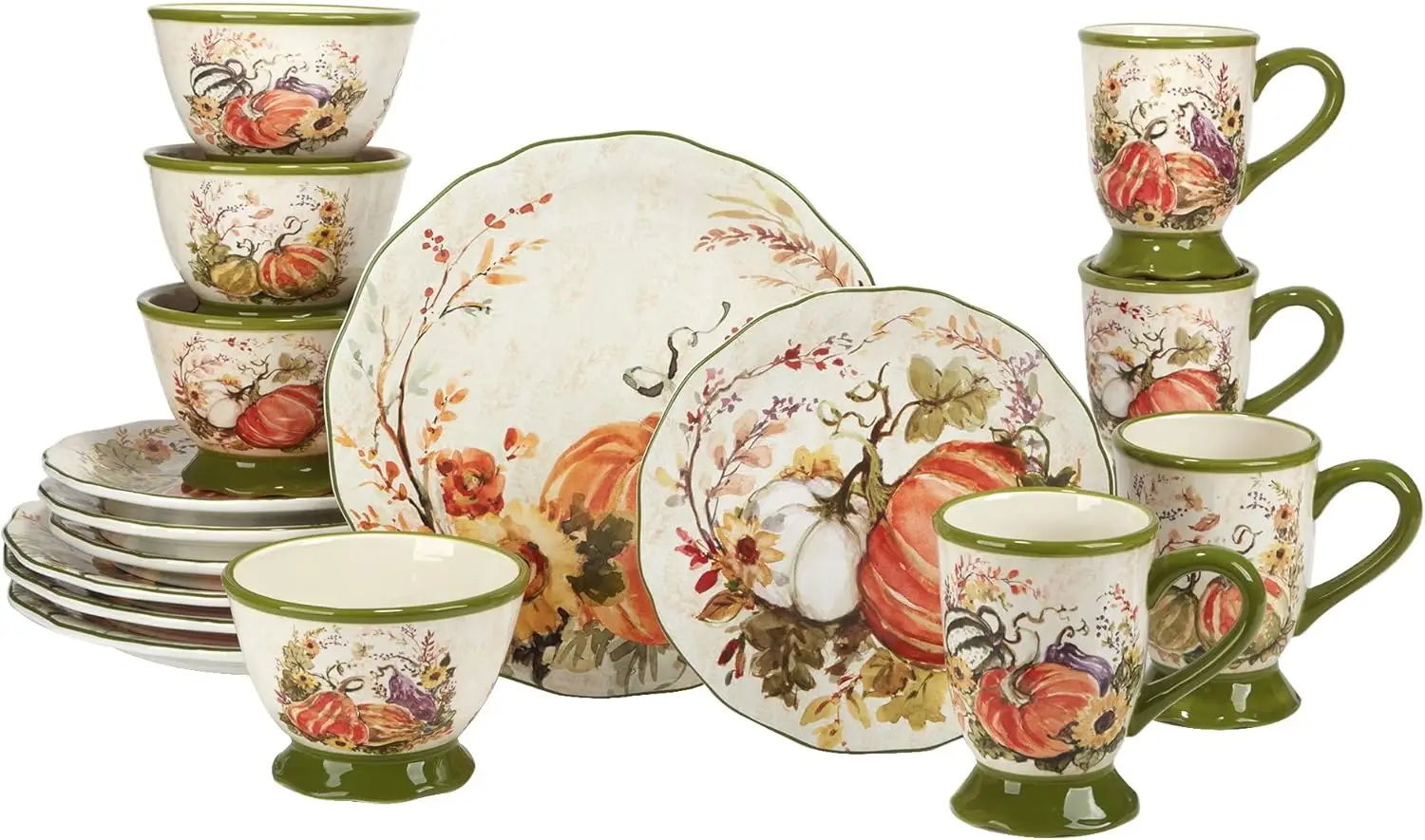 

Harvest Morning 16-Piece Ceramic Dinnerware Set, Service for 4 – Celebrate autumn with vibrant pumpkins and florals, perfect for