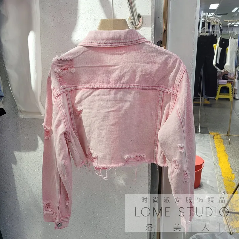 2025 Spring and Autumn new style short frayed hole jeans jacket spicy girl casual lapel long sleeve pink age reducing coat