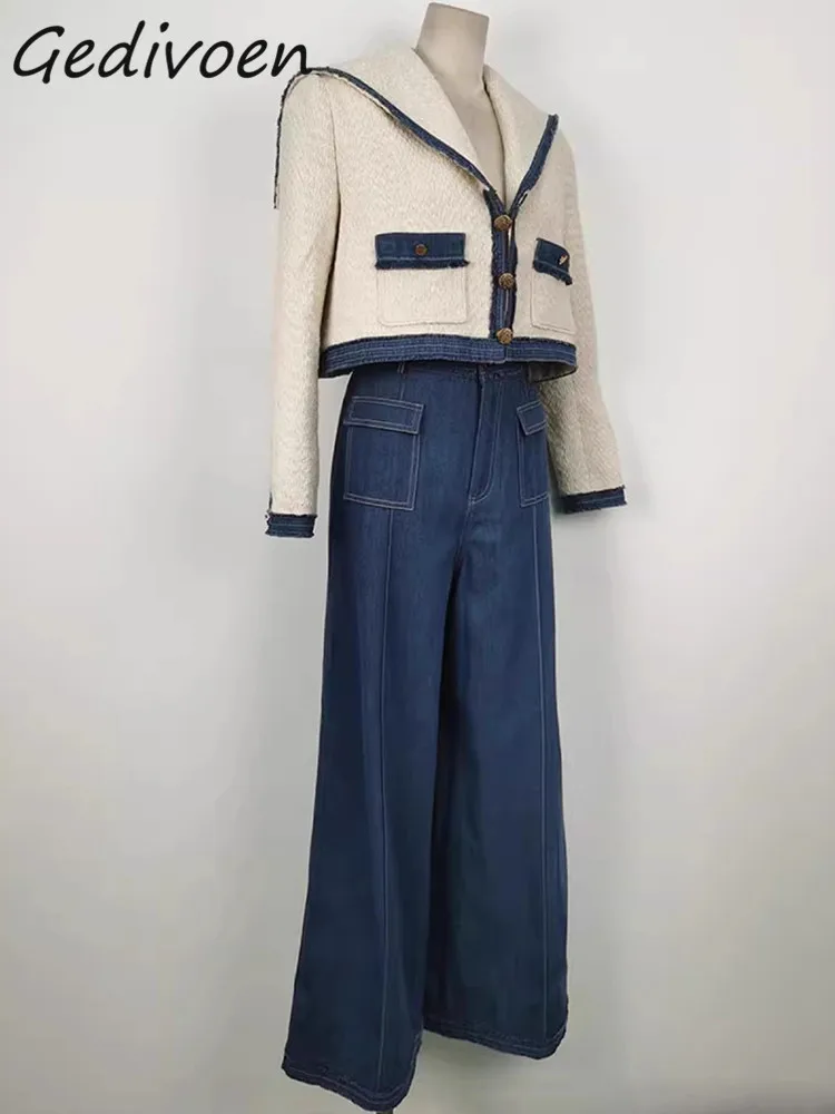 Gedivoen Winter Fashion Runway Vintage Pantaloni impiombati Set Donna Bottone con risvolto Cappotto corto sottile + Pantaloni in denim a gamba larga