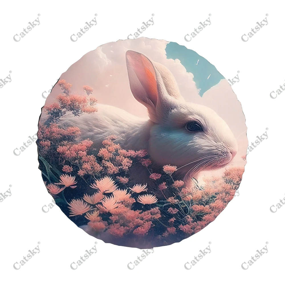 Cute White Rabbit Fluffy Bunny Pattern Polyester Universal Spare Wheel Tire Cover Wheel Covers for Trailer RV SUV Truck Camper