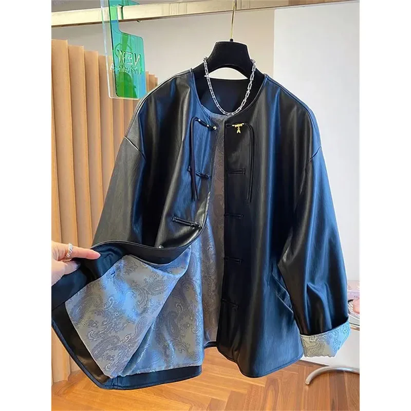 

New Chinese Light National Style Leather Windbreaker Buckle Leather Coat Women's Spring Autumn Coats Loose Overcoat Outerwear