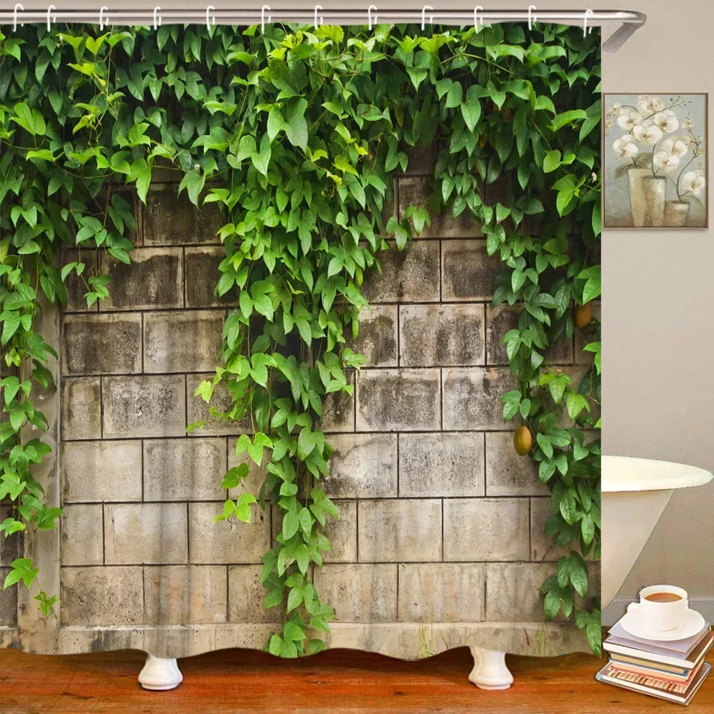 Botanical Brick Wall Shower Curtain Stone Greenery Leaves Vine Farm Rustic Garden Landscape Rock Polyester Fabric Bathroom Decor