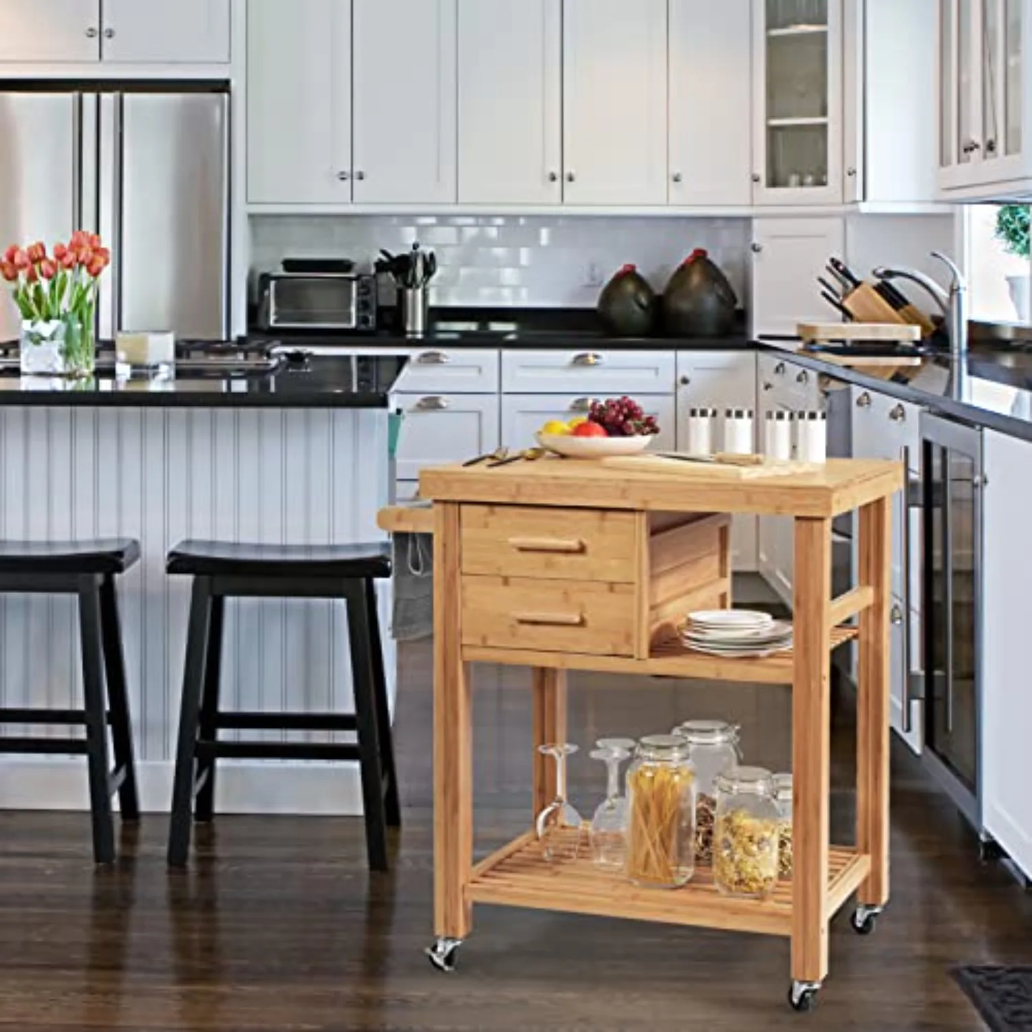 Kitchen Island, Rolling Butcher Block Kitchen Cart with Storage | Bamboo Kitchen Trolley with Drawers on Wheels