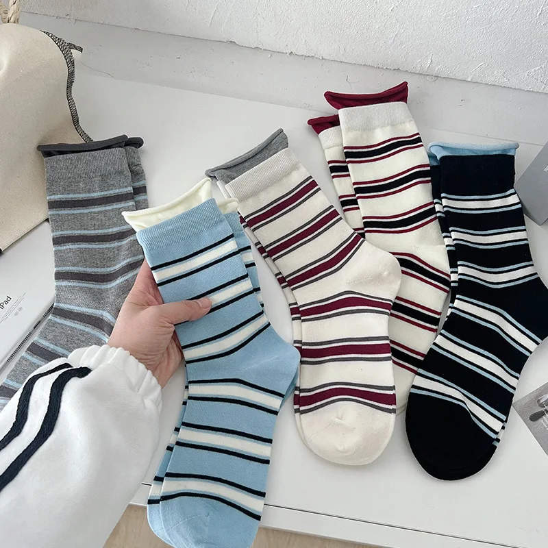 Полосатые носки женские тонкие дизайнерские искусственные бесшовные носки из двух частей со средней манжетой