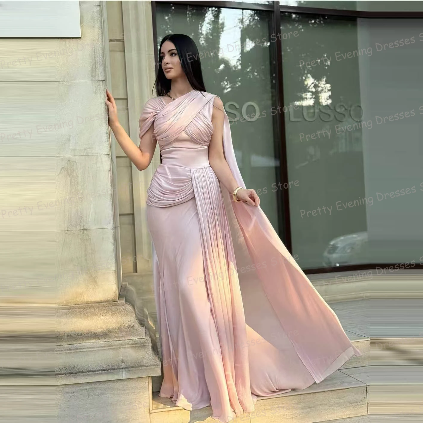 

Simple Pink Pleat Evening Dresses Woman's Mermaid Prom Gowns Elegant Sexy Shawl Fashion Beach Party Vestidos De Novia Customized