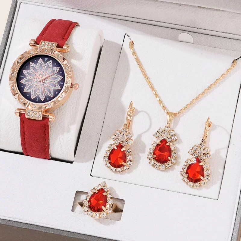 5PCS Set Rose Gold Luxury Watch Women Ring Necklace Earring Rhinestone Fashion Wristwatch Casual Ladies Bracelet( No Box)