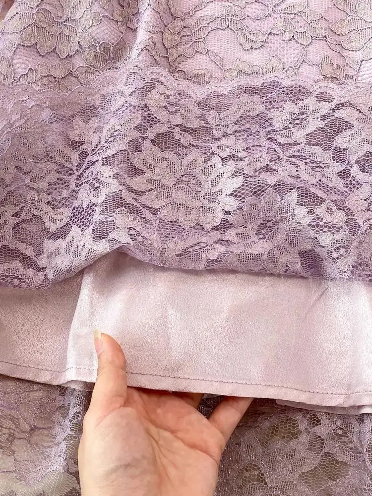 Patchwork Mesh Lantern Sleeve High Waist Fungus Ruffles Dress Elegant Purple Crochet Lace Embroidered Female Clothing Vestidos