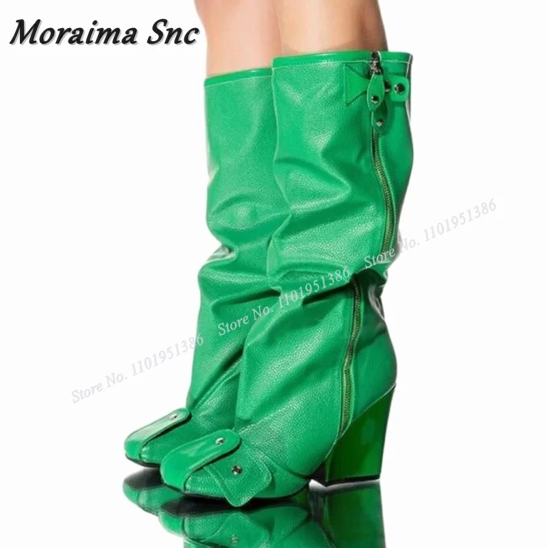 

Moraima Snc Green Side Zipper Square Toe Boots Chunky Heel Pleated Shoes for Women Solid Autumn Winter Big Size Zapatillas Mujer