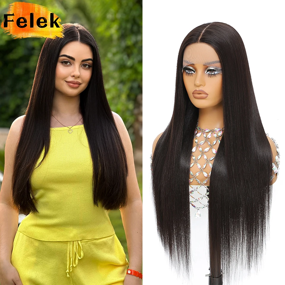 

13x6 Synthetic Lace Wig 30 Inch Long Straight Glueless Lace Frontal Wigs For Black Women 30 Inch Ready to Wear Wigs For Beginner