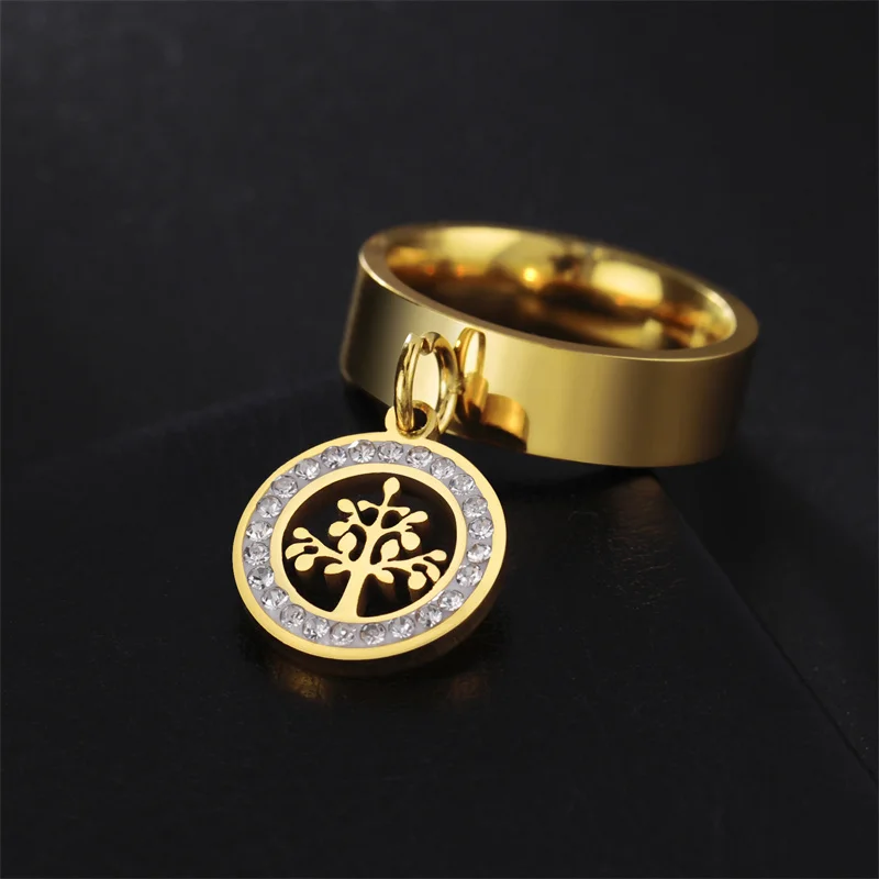 Anillos de acero inoxidable Color dorado círculo geométrico circón árboles colgante anillo de mujer tendencia para niñas joyería de boda Anillos regalos