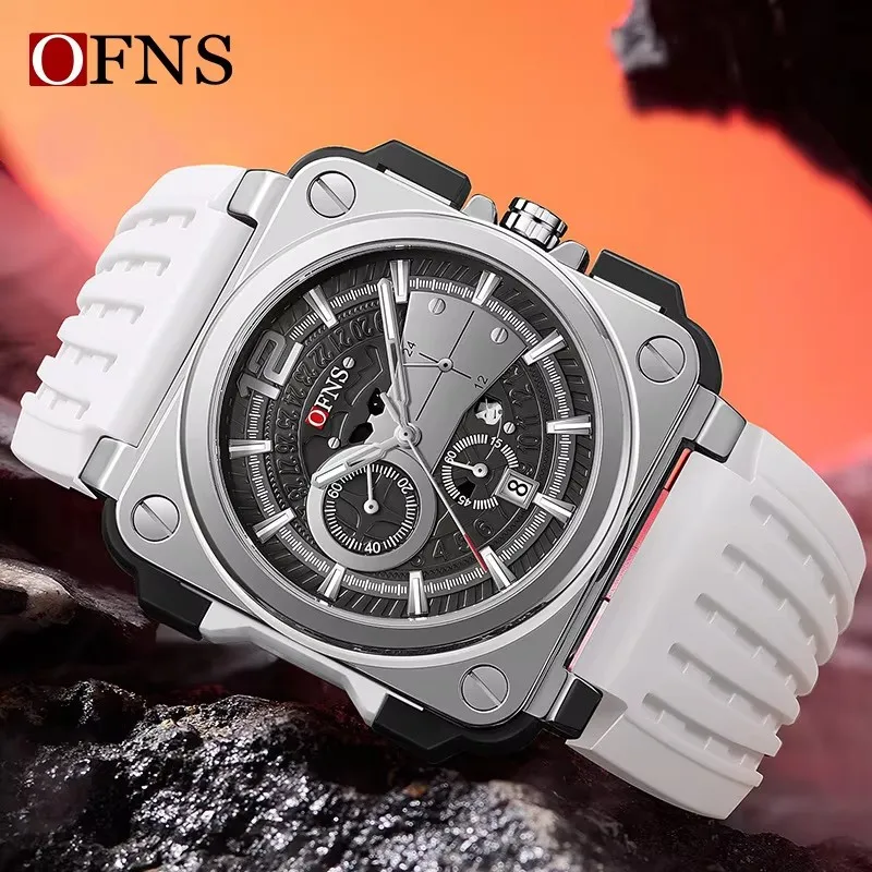 OFNS 1305 Men's Quartz Watch Square Dial Fashion Unique Calendar  Silicone Strap Wristwatch for Male