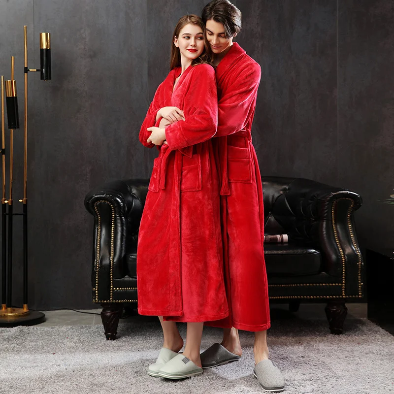 Lovers Long Warm Flannel Bathrobe Women Winter Bath Robe Hooded Dressing Gown Red Christmas Robes Men Night Sleepwear