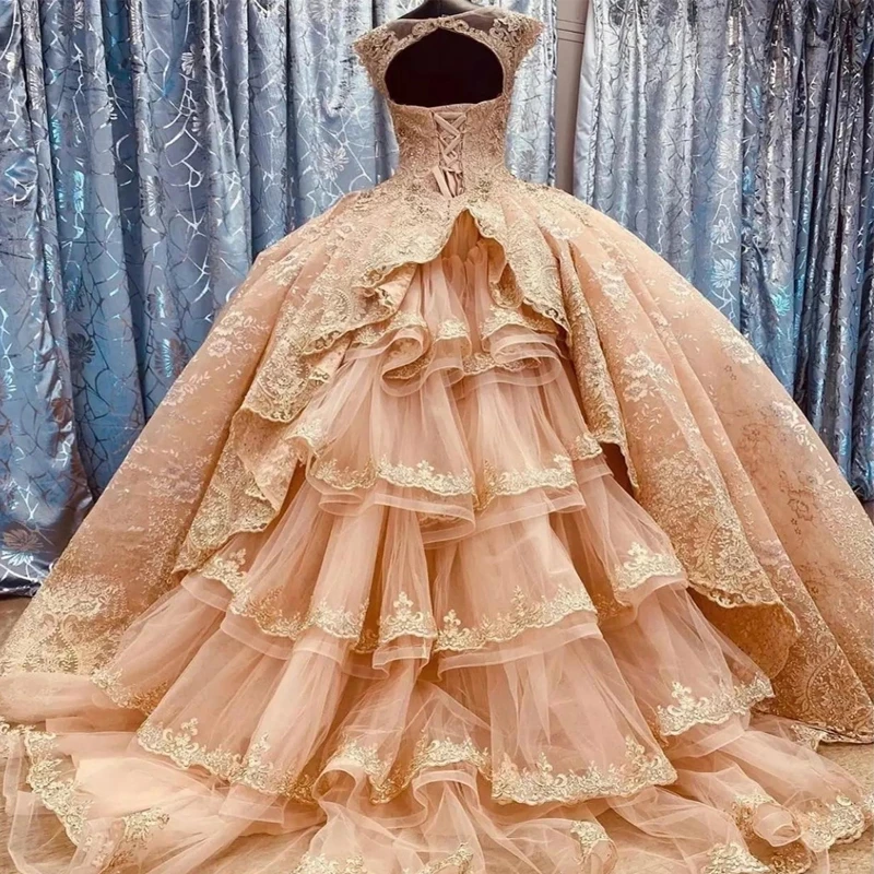 Angelsbrep Gaun Renda Quinceanera Blush Cantik Gaun Pesta Ulang Tahun Formal Gaun Vestidos De 15 Anos Korset Court Train