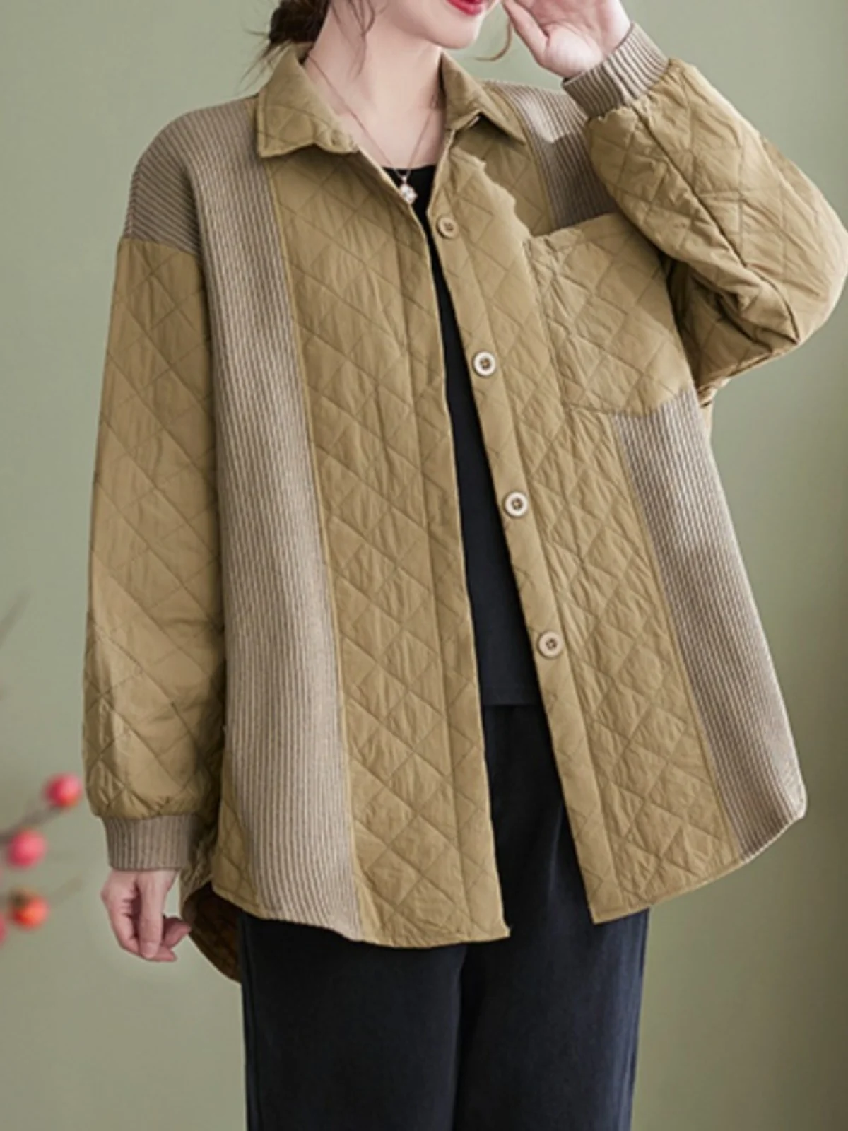 เสื้อคลุมผู้หญิงทรงหลวม คอปก ลายเรขาคณิตสไตล์เรโทร ผ้าถักผสมฝ้าย แต่งกระดุม