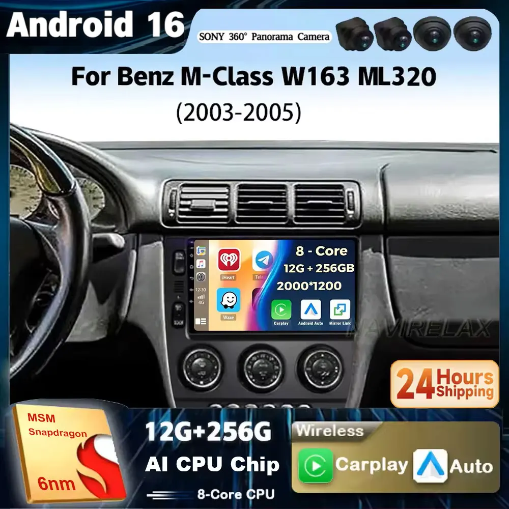 Android 16 For Benz M-Class W163 ML320 2003 2004 2005 2K QLED Android Car Radio Multimedia Video Player GPS Stereo CarPlay
