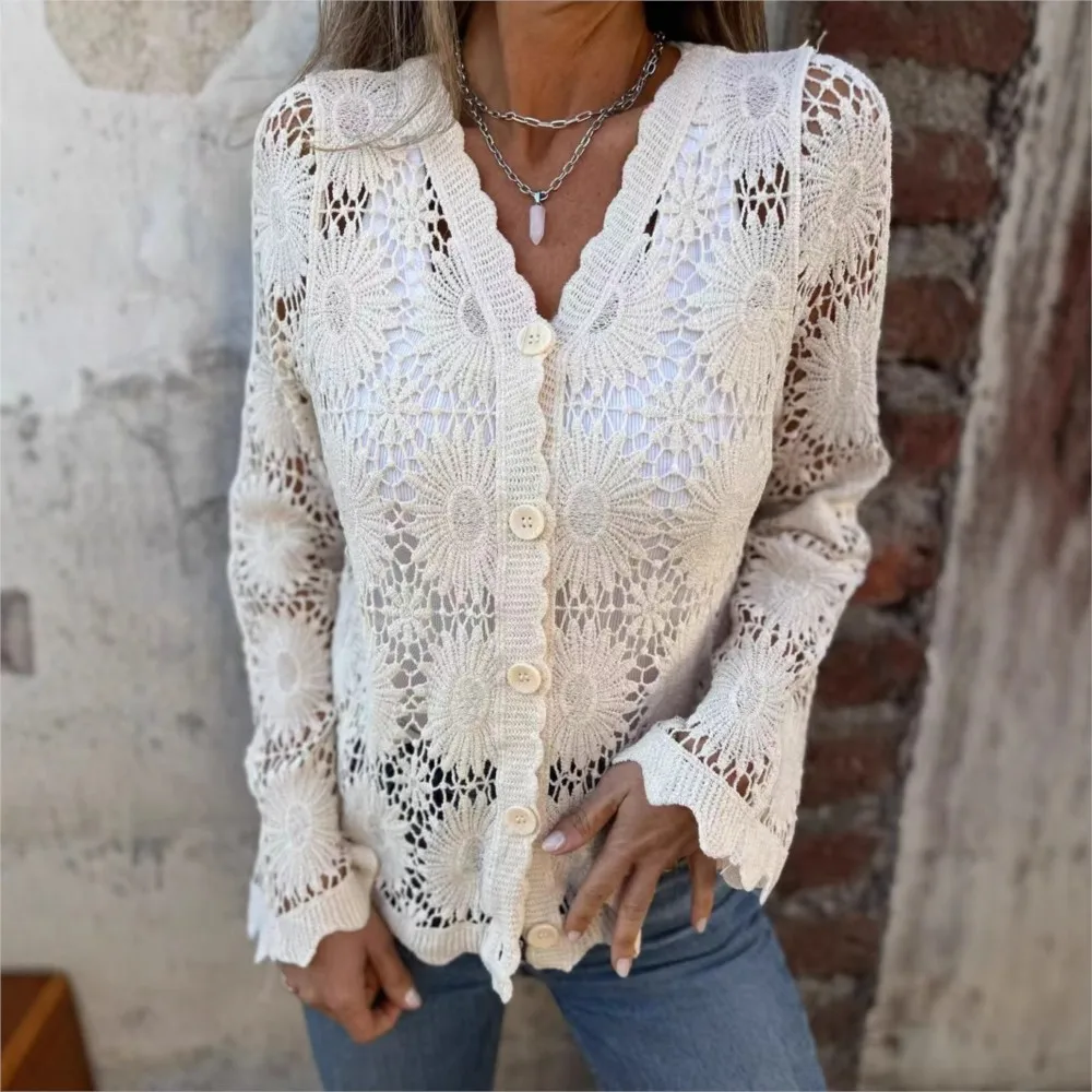여성 섹시 레이스 블라우스 셔츠 V넥 버튼 긴팔 니트 가디건 출퇴근 패션 캐주얼 탑 여성 의류 2025