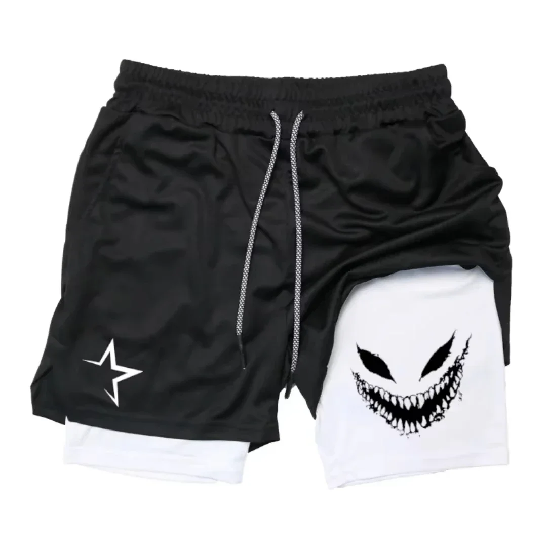 

Men's sports breathable and quick-drying exercise shorts with Devil smile print 2-in-1 Gym performance shorts RL0502