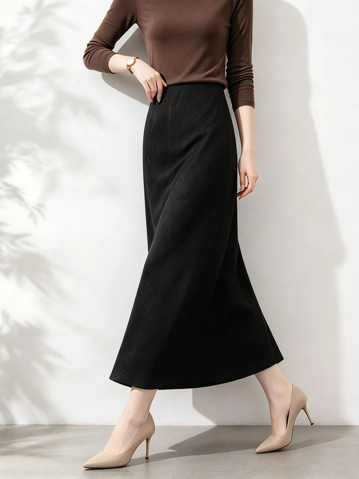 Winsleter-25%Silk 75%Wool Elegant Skirts, Elastic Waist Jacquard, Women French Commute Trumpet Skirt, 2026 Autumn New B6O608CC