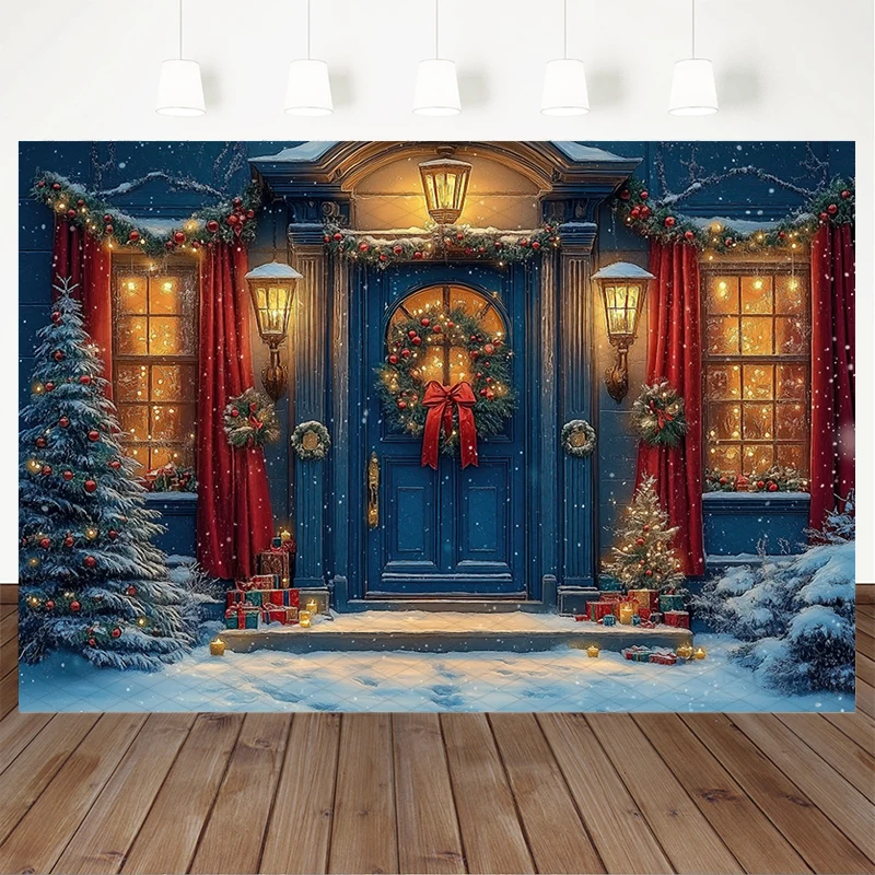 Mocsicka Christmas Blue House Backdrops Soft Washable Snow Gifts Tree Photo Background Light Wreath Door Decors Wallpaper Banner