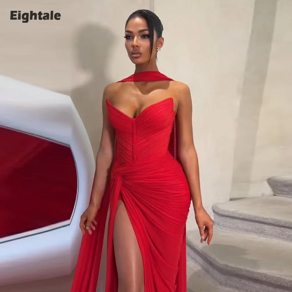 

Eightale Arabic Evening Dress Chiffon Customized V-Neck Pleats High Slit Red Prom Gown Party Dress Robe De Soiree