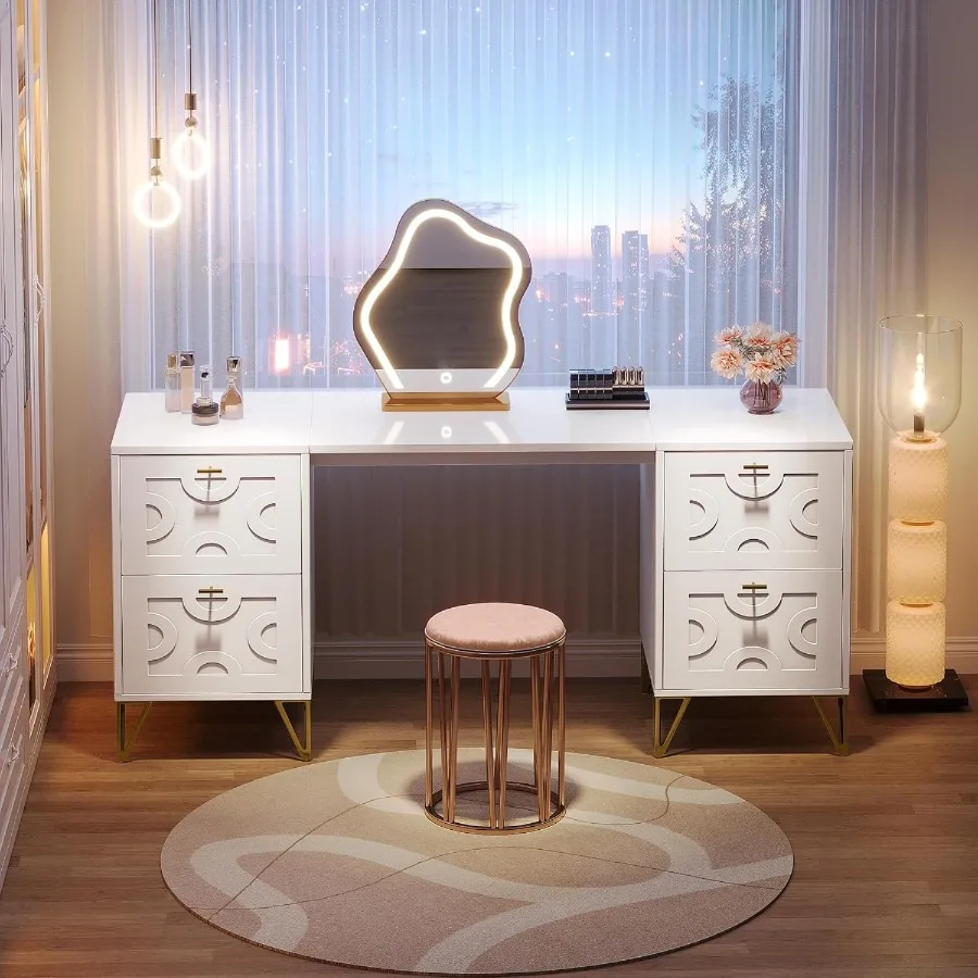 59Inch Makeup Vanity Desk with 4 Drawers White Dressing Table with Storage Modern Beauty Table Simple Home Office Computer Desk