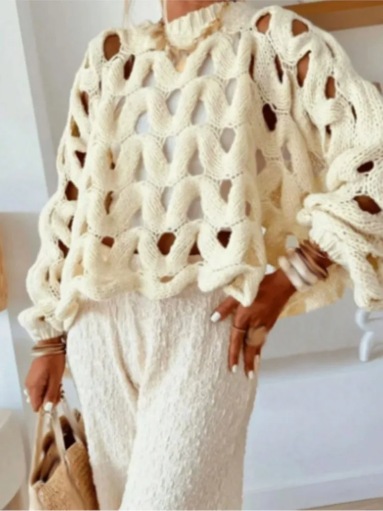 Fashion Hollow Out Sweater For Women Casual Long Sleeve O Neck Pullovers Knit Sweaters Tops Lady Holiday Women's Clothing New