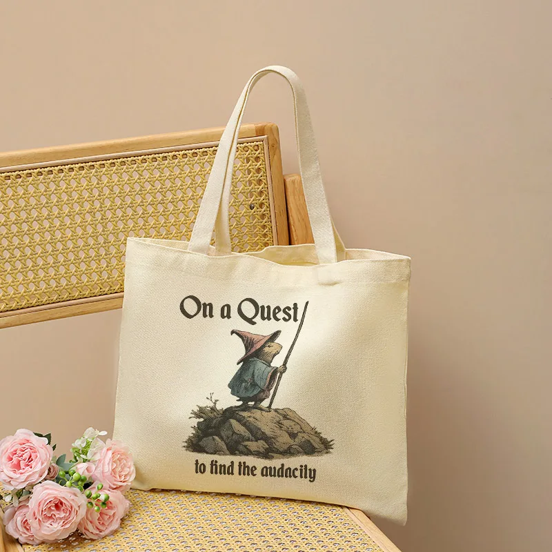Retro Fantasy Mouse Wizard Graphic Canvas Tote Bag Medieval Text Print Reusable Casual Shopping Canvas Shoulder Bag