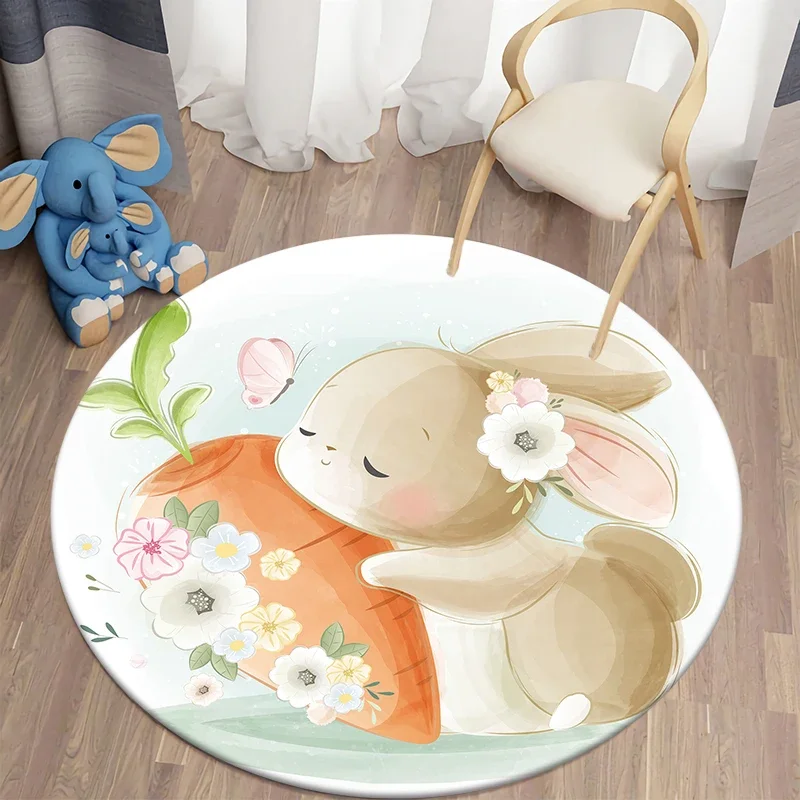 Cartoon Round Living Room Rug Animal Print     Bedroom Floor Mat Non-slip Children's  New Year