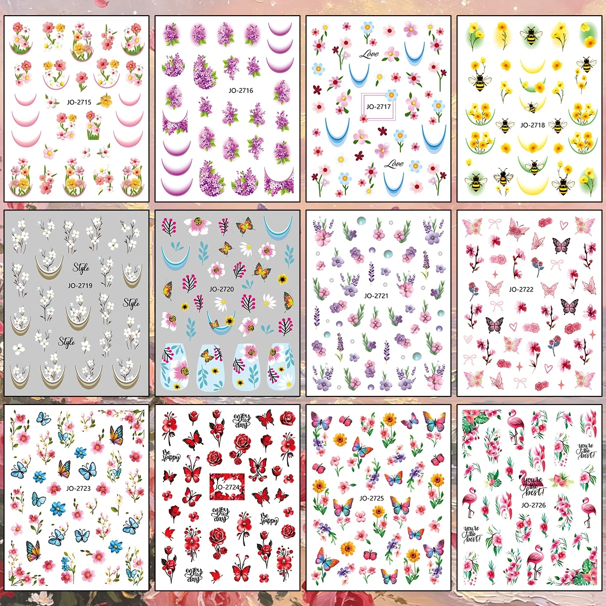3/6/12 Sheets 3D Flower Butterfly Flamingo Nail Decals Tropical Floral Self-Adhesive Spring Summer DIY Manicure Nail Stickers