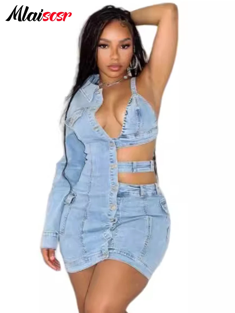 Mlaiscsr-Mini robe en jean bleu à manches longues pour femme, tenue de fête d'anniversaire, col licou, cowboy, boîte de nuit sexy, une initiée