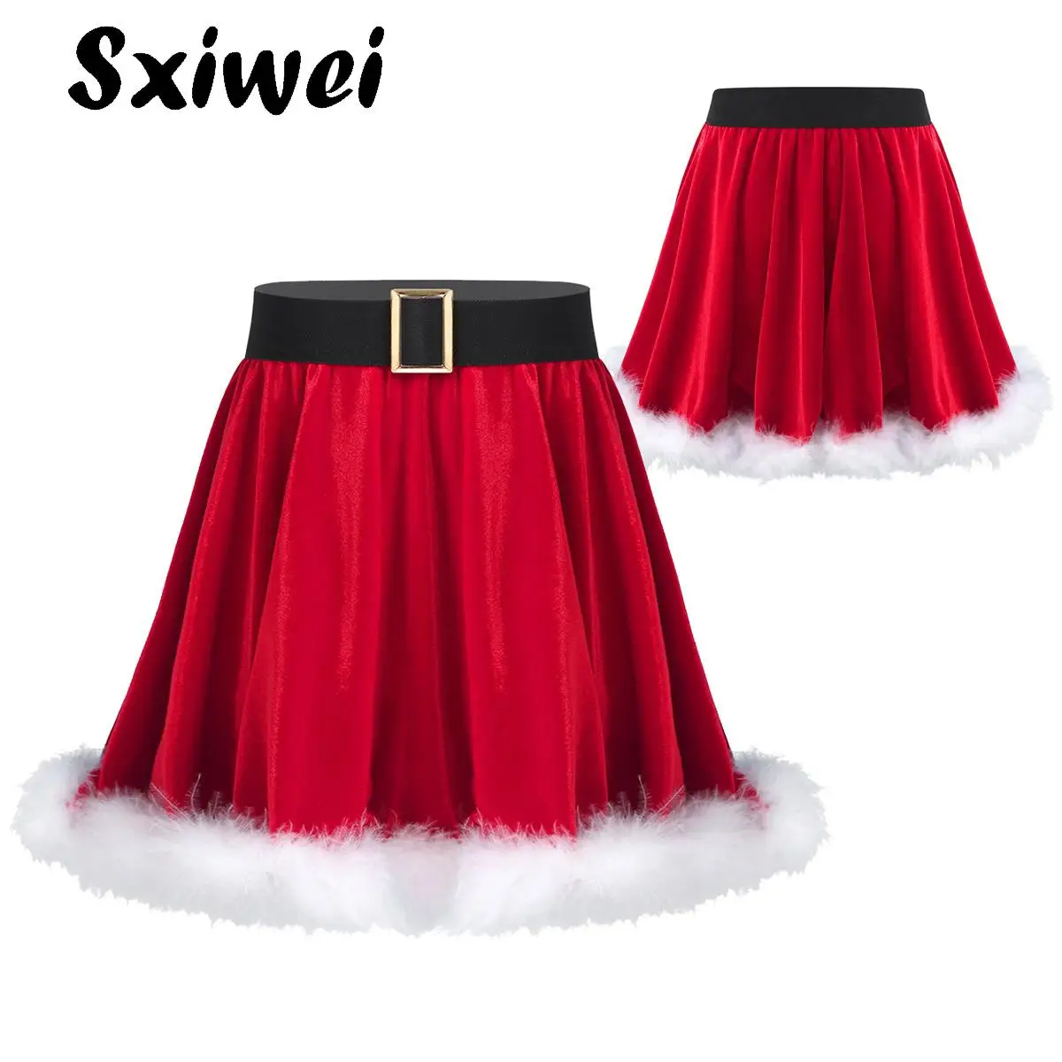 

Kids Girls Elf Christmas Mrs Santa Flared Pleated Skater Skirt Red Velvet Faux Fur Hem Figure Skating Ballet Dance Tutu Skirt