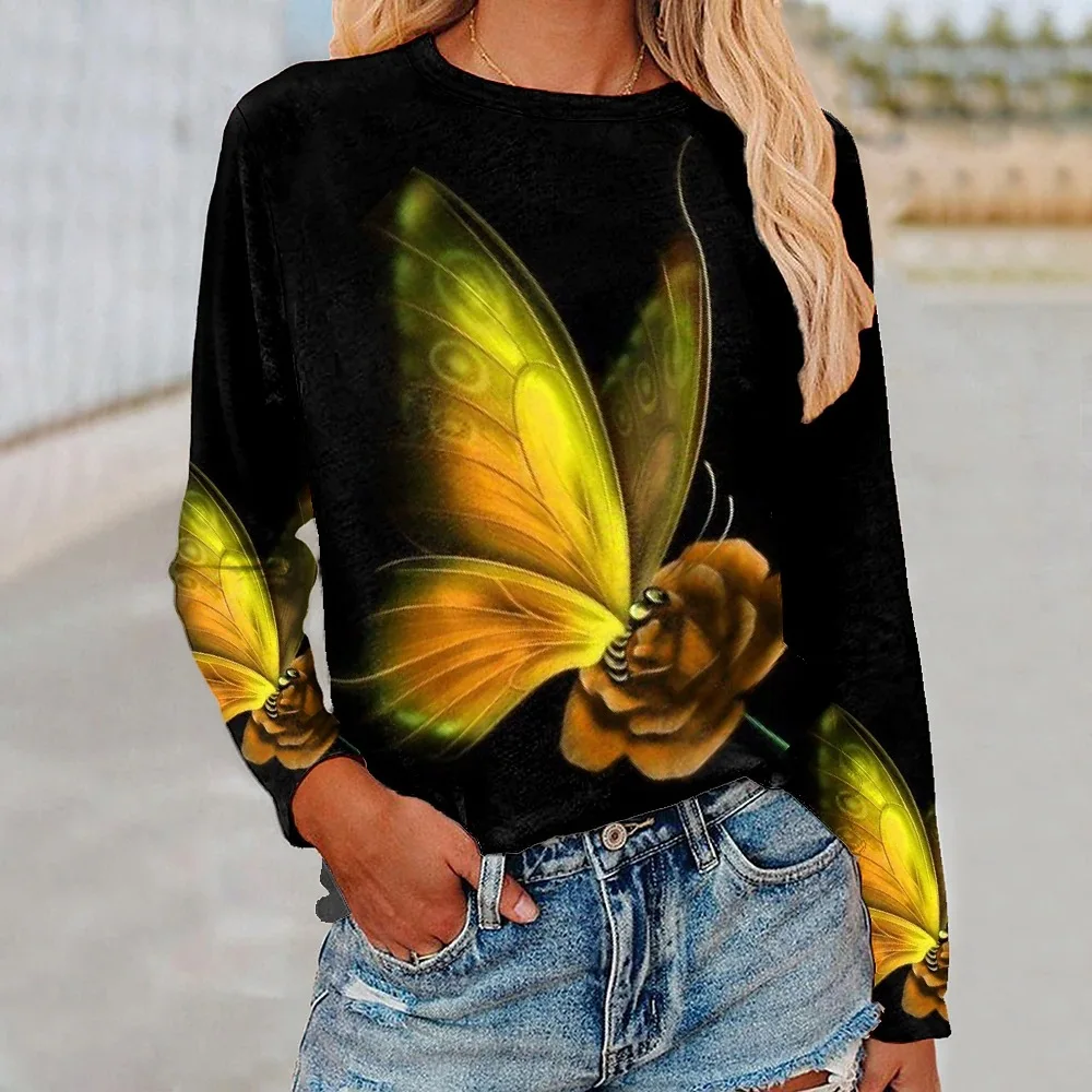 Butterfly Pattern Women Fashion T-Shirts Spring Autumn Long Sleeve 3D Printing Street Style Ladies Tee 6XL Plus Size Casual Tops