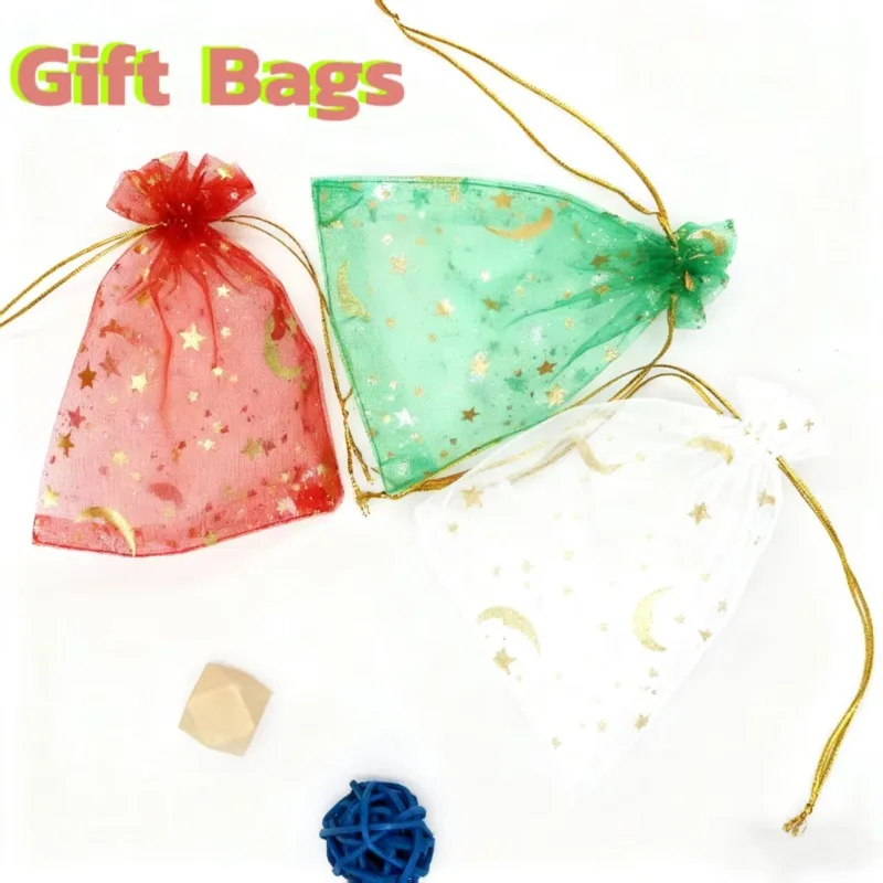 Mond Sterne Organzabeutel mit Kordelzug, Schmuck, Geschenktüten, Beutel, goldene Stern-Organza-Geschenkbeutel für Weihnachten, Hochzeit