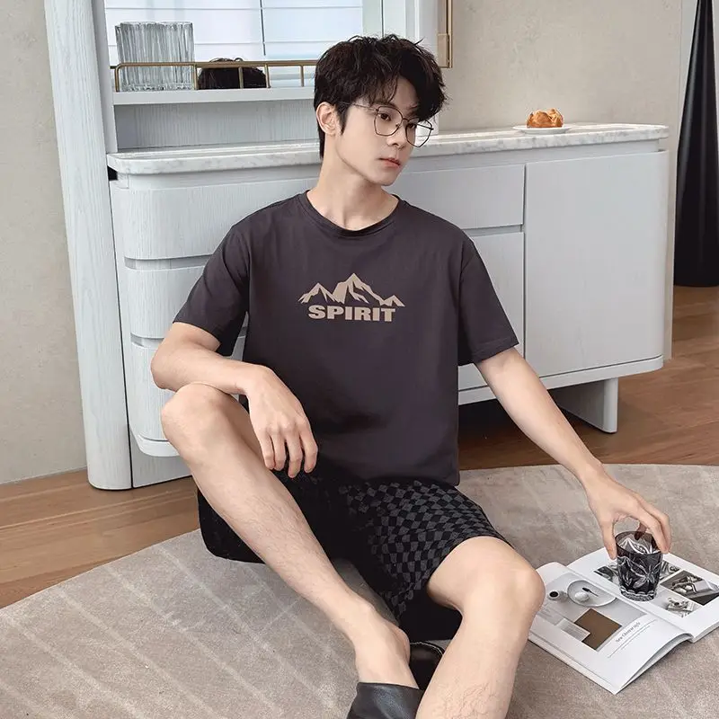 2026 Summer Short Sleeve 100% Cotton Casual Plaid Pajama Sets for Men Korean Loose Sleepwear Pyjama Male Homewear Home Clothes