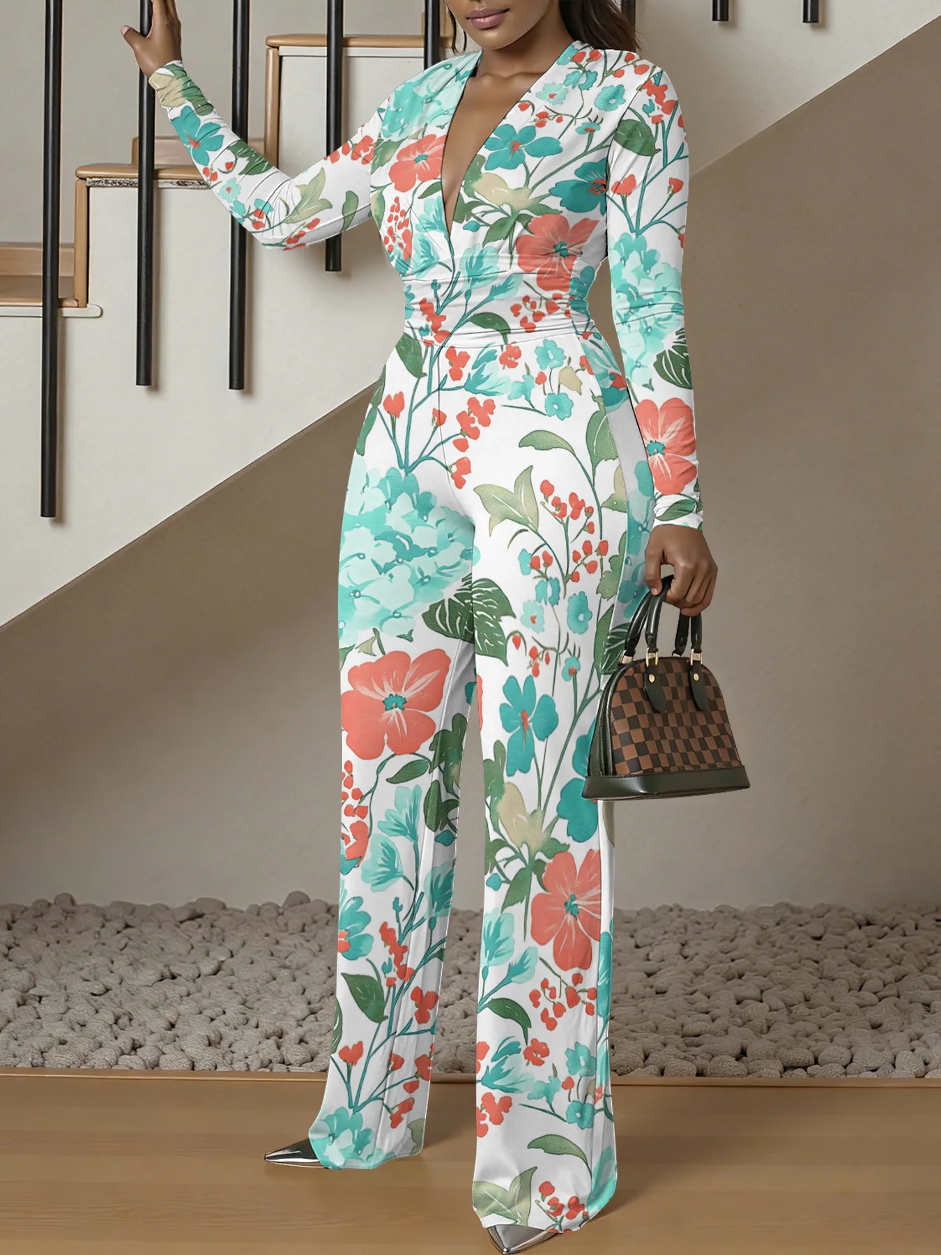 V-neck Long Sleeve Bodycon Jumpsuit autum Women Stretchy One-Piece Bodysuit spring Luxury Streetwear Beach Party Girl