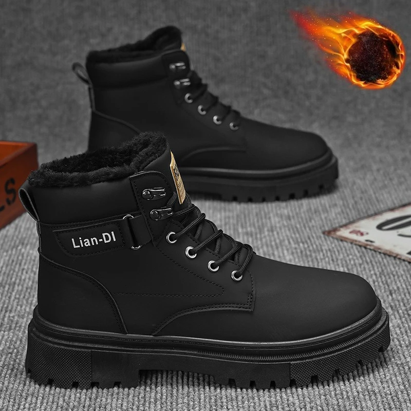 New Winter Plush Thick Men's Cotton Boots with British Style High Top Leather Face Warm Casual Boots