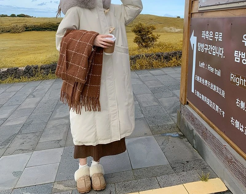 2025 Winter nieuwe verdikte jas lange knie over katoenen jas voor dames niche grote haarkraag