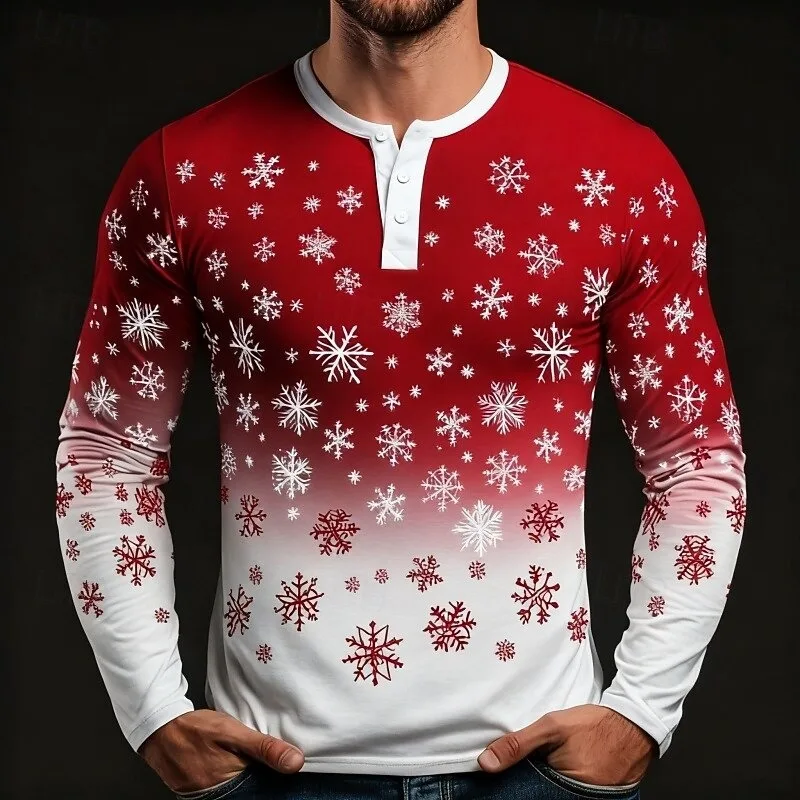 

New Men's Christmas Snowflack Henry Shirt Fashion Daily Casual Long Sleeve T-shirt Spring Autumn Red Button-up Shirt Men Clothes