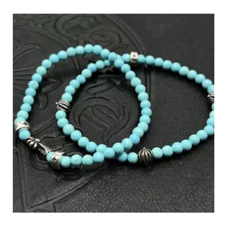 

Tide Turquoise Fine Bracelet Men's and Women's Jewelry Beaded Cross Thai Silver Retro Obsidian Hand Beads