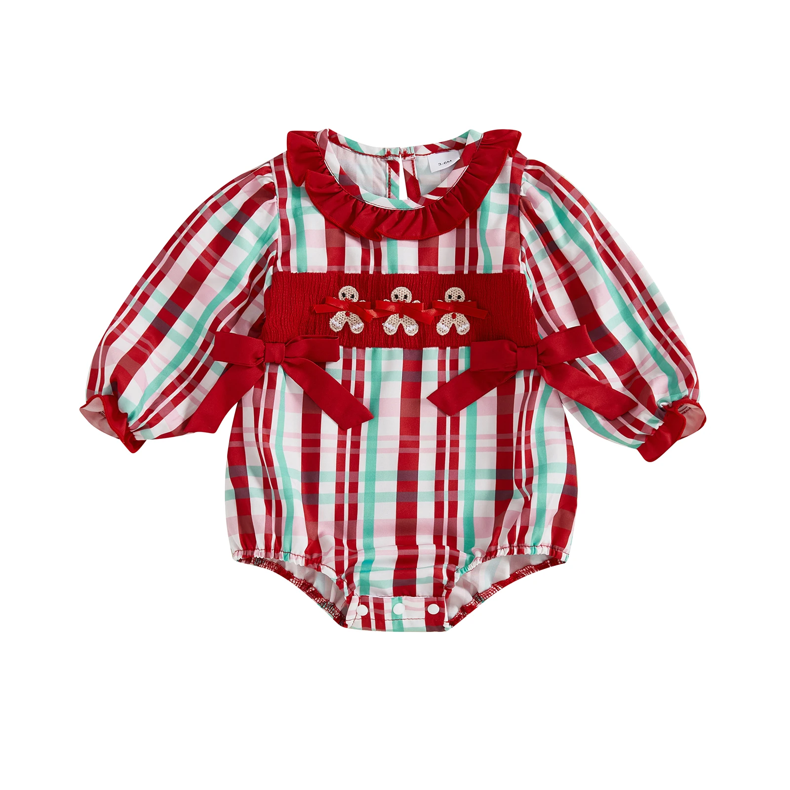 

Baby Girl Christmas Romper Loose Fit Gingerbread Man Plaid Bows Ruffled Trim Long Sleeve Infant Jumpsuit