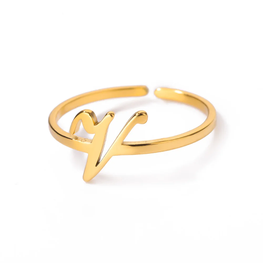Initial Letter Rings for Women, Gold Color Adjustable A-Z Ring