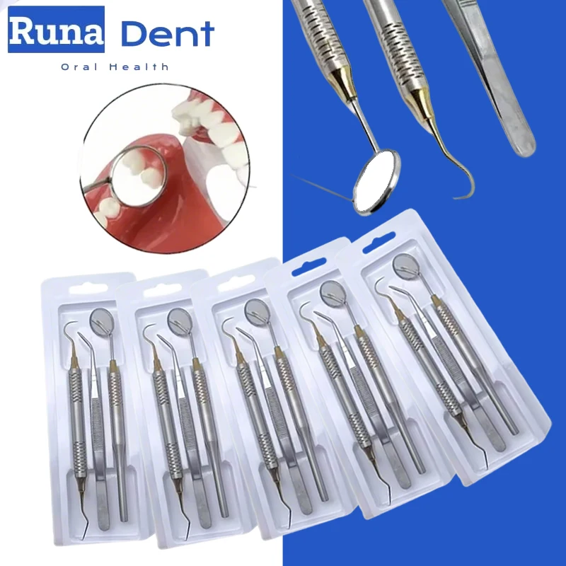 Stainless Steel Dental Examination Kit Mirror Tweezers Curved Explorer Oral Hygiene Cleaning Tool