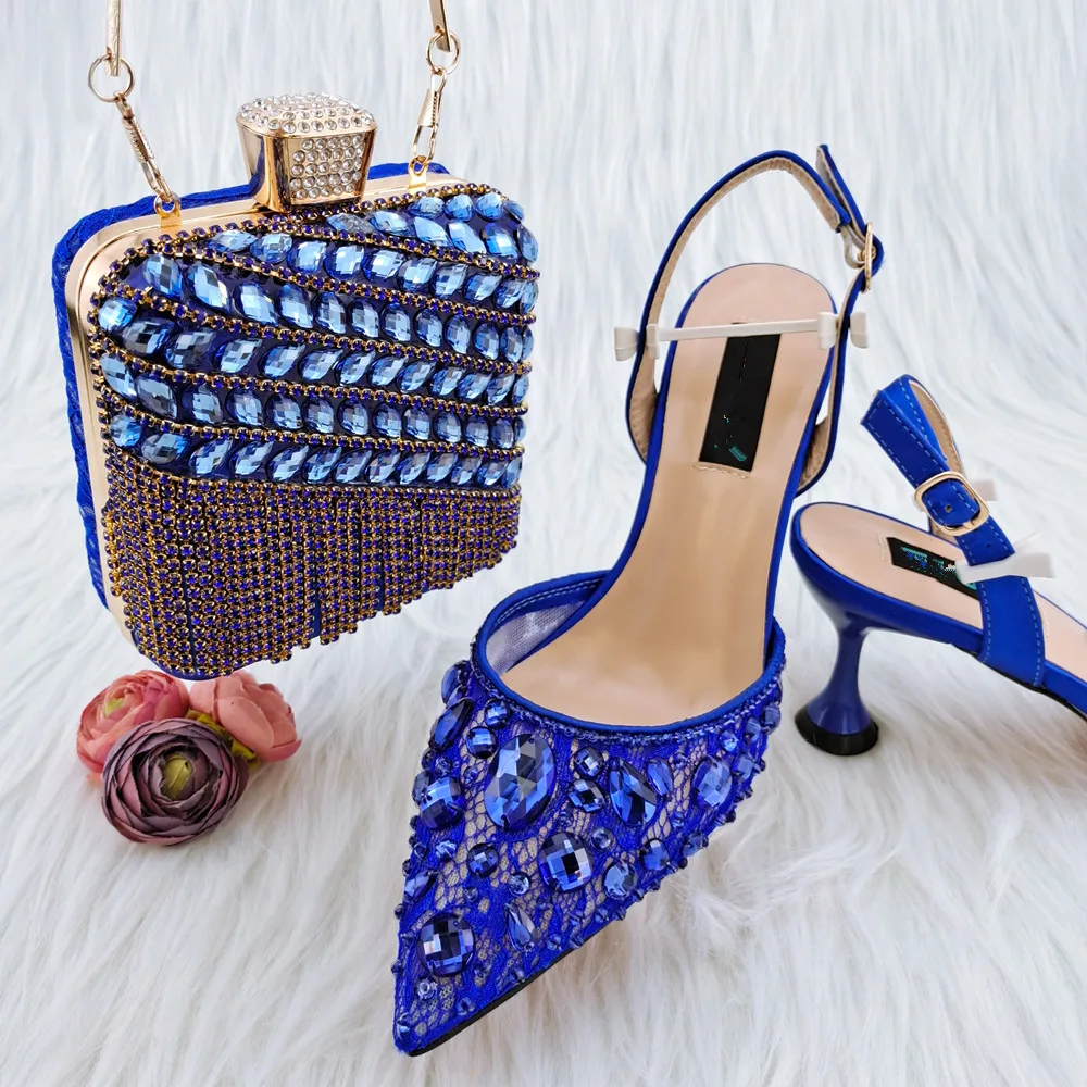 

Ecellent R.Blue Women Pointed Toe Shoes Match Handbag With Crystal Decoration African Dressing Pumps And Bag Set QSL062,Heel 8CM