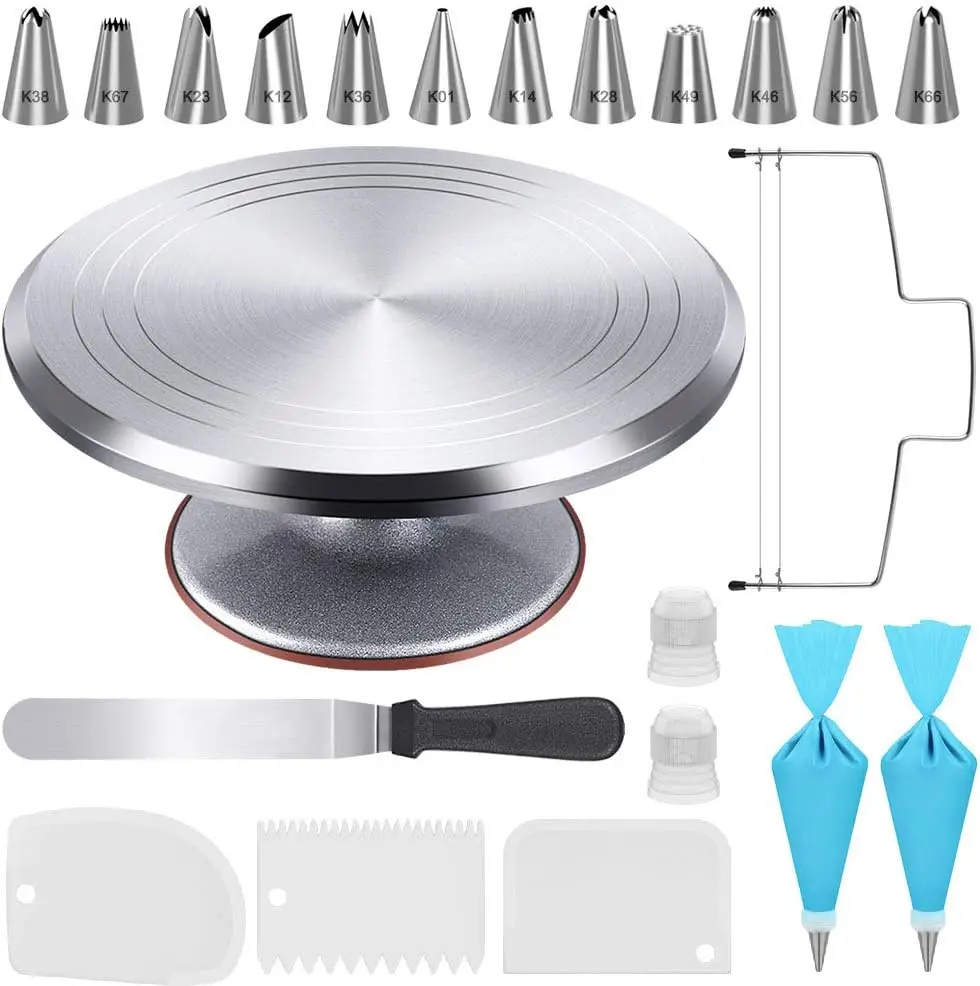 22-Piece Cake Decorating Kit with Rotating Stand, Piping Tips, and Tools for Easy Baking