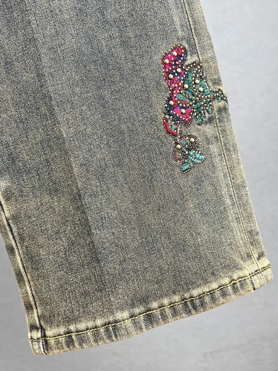 Hete Diamant Denim Broek Met Rechte Pijpen Voor Dames 2024 Nieuwe Losse Broek Met Hoge Taille En Losse Etnische Stijl Geborduurde Vloerdweilbroeken