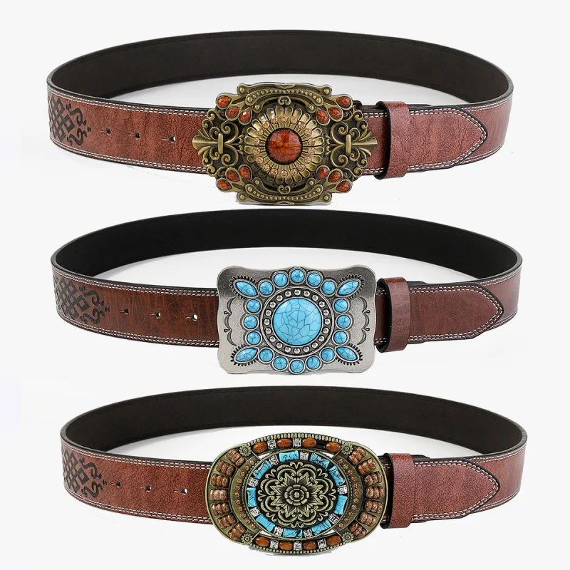 

Western Turquoise Stone Alloy Buckle Carved Embossed PU Leather Men Belt Fashion Flower Mens Belt with Jeans