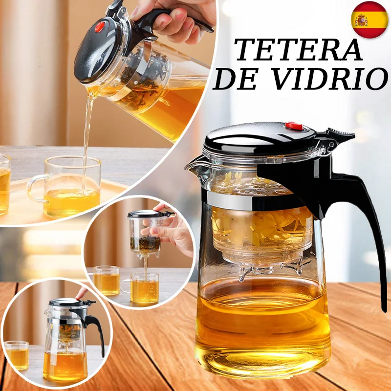 Tetera de vidrio con colador, tetera de vidrio grueso resistente al calor, filtro de un botón, hervidor de separación de té, herramientas para el hogar, 750ml tetera infusor de té VIE LENTE