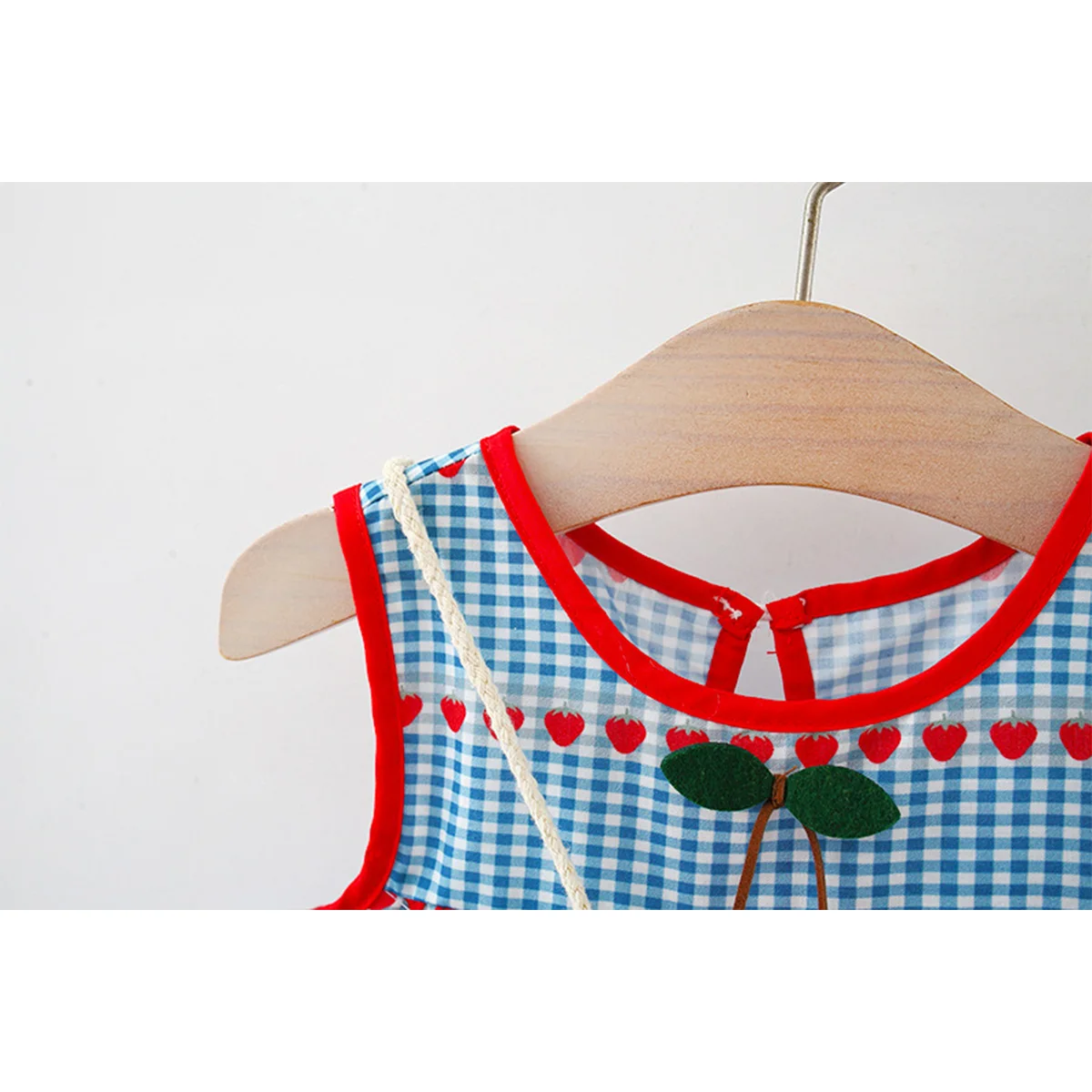 2 Pcs Baby Girl\'s New Summer Dress with Sleeveless Round Neck Plaid Heart Cherry Cotton Skirt and Diagonal Cross Bag Included