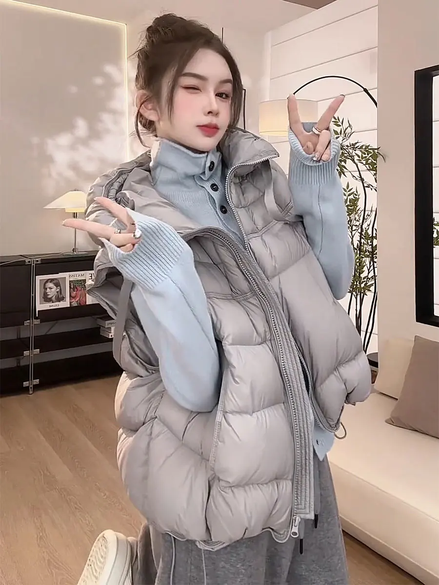 

Укороченный пуховый жилет с капюшоном 2026: Новинка, очень стильный, из натурального белого утиного пуха, корейская версия, свободный крой, теплый, ветрозащитный